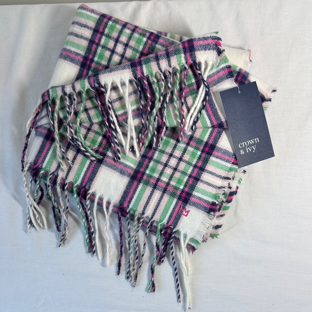Crown & Ivy Colorful Plaid Scarf with Fringe NWT